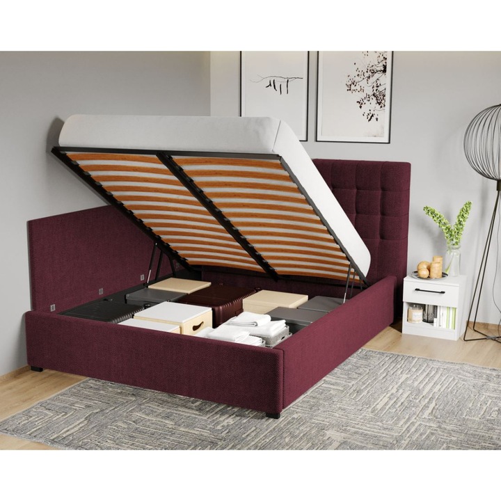 Pat Tapitat de colt, Rivo cu Somiera Rabatabila si lada, 140x200, Grena/Eden 9