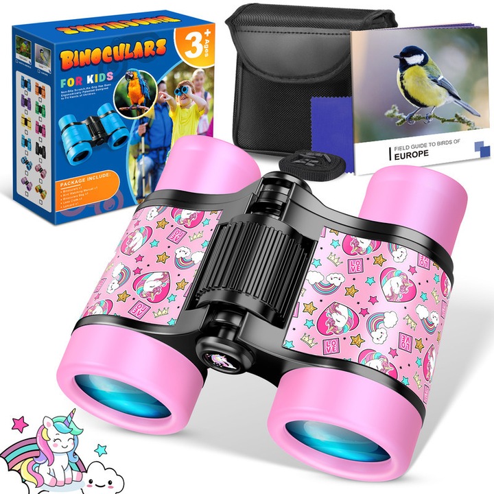 Детски бинокъл 4x30, ATOPDREAM, комплект с ръководство за наблюдение на птици, светлорозов, за възраст 4-12 години
