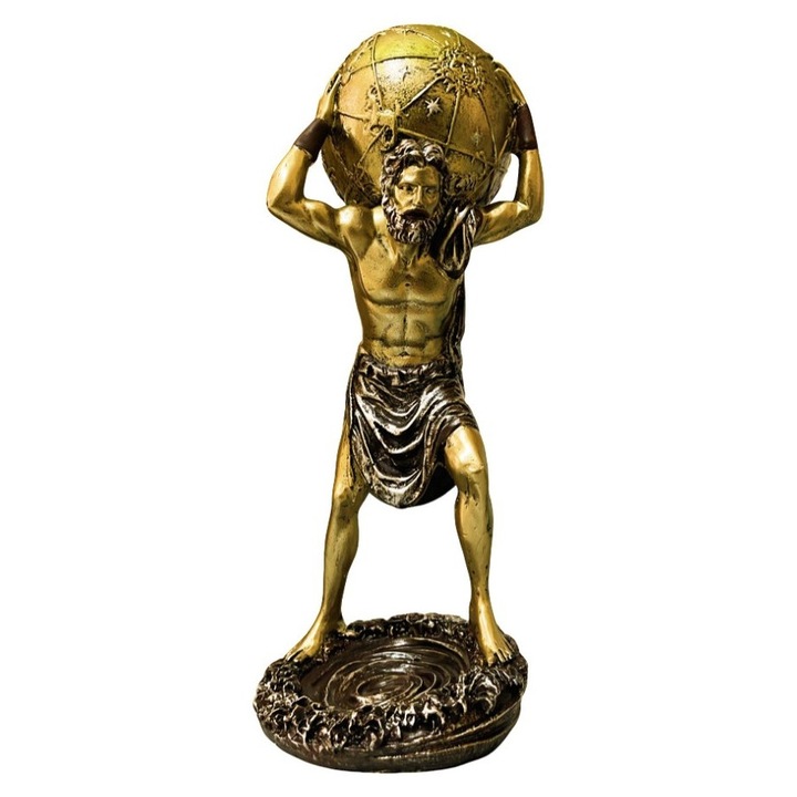 Statueta decorativa Atlas sustinand globul, bronz antichizat, 27,5 cm – decoratiune mitologica pentru birou si casa