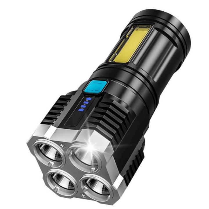 Lanterna Tactica, Incarcare USB, 4 Moduri de Iluminare, Rezistenta la Apa, Negru, 14 cm