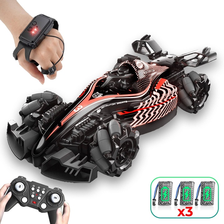 Masina F1 Drift Timebox cu Telecomanda si Senzor de Gesturi – Masina cu Spray, Lumini, Muzica, 360° Rotatie si Tractiune Integrala, 3 baterii tip acumulator reincarabile – Jucarie Cadou Ideal pentru copii 7-14 Ani, Rosu/Negru