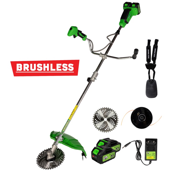 Motocoasa (Trimmer) electrica Micul Fermier 2x20V, 2 acumulatori 4Ah, maner dublu, motor fara perii