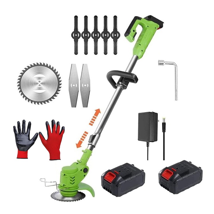 Motocoasa Electrica Profesionala Cu 2 Acumulatori 36V, Brat Ajustabil, 2 Lame, 5 lame din plastic, 1 Disc Pentru Taiere, manusi de protectie inclus, 18000 RPM, 2-3 Ore Autonomie, verde, HAPPY JOKER®