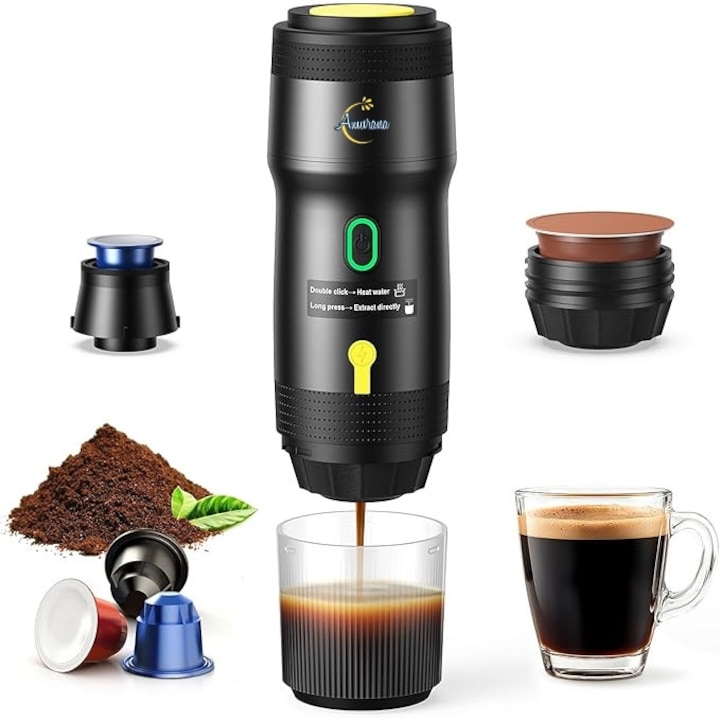 Espressor portabil 3 in 1, Aparat cafea capsule si macinata, Incalzeste apa fara fir, Compatibil capsule Nespresso, Dolce Gusto, Extractie la cald/rece, Reincarcabil USB, 60ml, Ergonomic, Compact, Calatorii, Drumetii, Camping, Negru