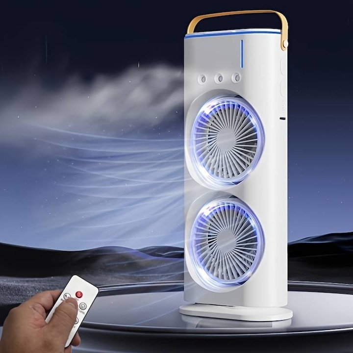 Ventilator portabil de birou cu umidificare prin pulverizare si telecomanda, multifunctional, ecologic, racire eficienta, din plastic, alb