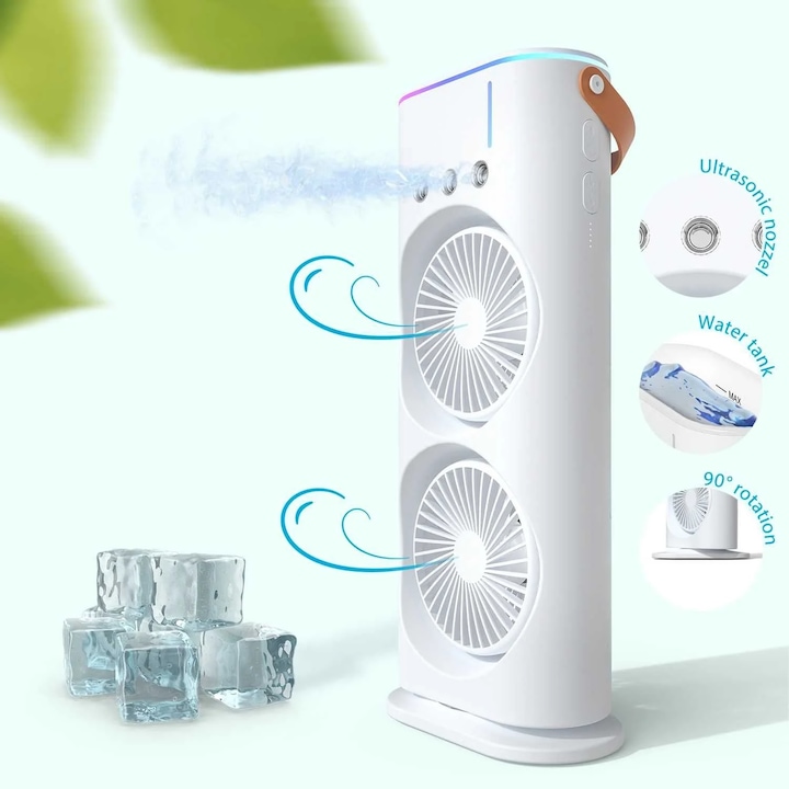 Ventilator portabil de birou cu umidificare prin pulverizare si telecomanda, multifunctional, ecologic, racire eficienta, din plastic, alb