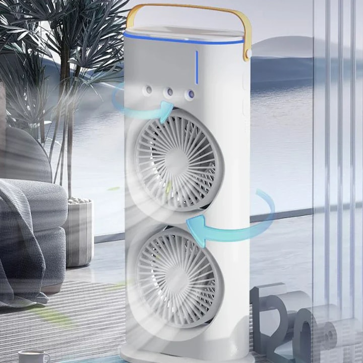 Ventilator portabil de birou cu umidificare prin pulverizare si telecomanda, multifunctional, ecologic, racire eficienta, din plastic, alb
