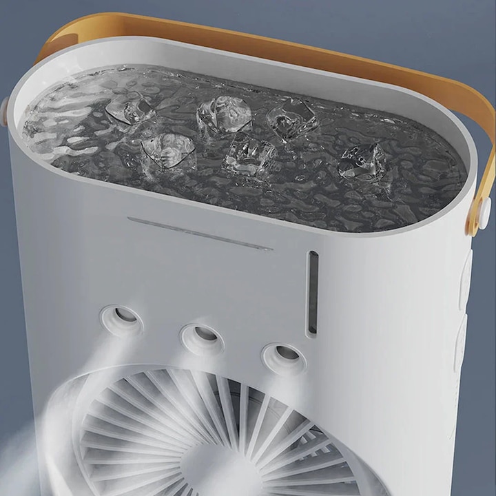 Ventilator portabil de birou cu umidificare prin pulverizare si telecomanda, multifunctional, ecologic, racire eficienta, din plastic, alb