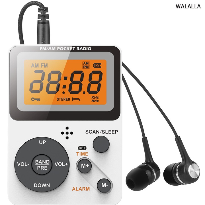 Radio portabil de buzunar, AM FM, alb, cu casti stereo, ecran mare, presetari manuale, ecran mare, radio walkman cu cheie de blocare, temporizator de oprire, mini radio, radio digital, fara difuzoare, WALALLA