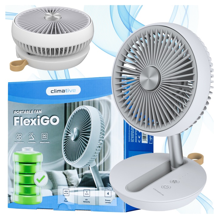 Asztali ventilátor, Climative FlexiGo, 15 óra üzemidő, Összecsukható, 28 cm XXL, USB töltés, 90°-os oszcilláció, DC motor, Állítható tájolás, Fehér