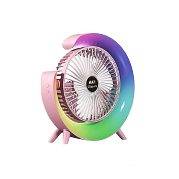 Mini asztali ventilátor, többszínű LED világítással, USB töltéssel, 180°-os beállítással, 3 működési sebességgel, hangulatvilágítással, fehér