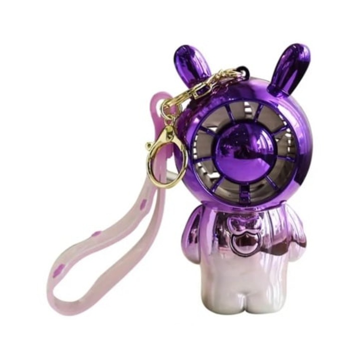 Mini kulcstartó ventilátor, USB töltés, akkumulátorral, függő, füles robot formájú, lila