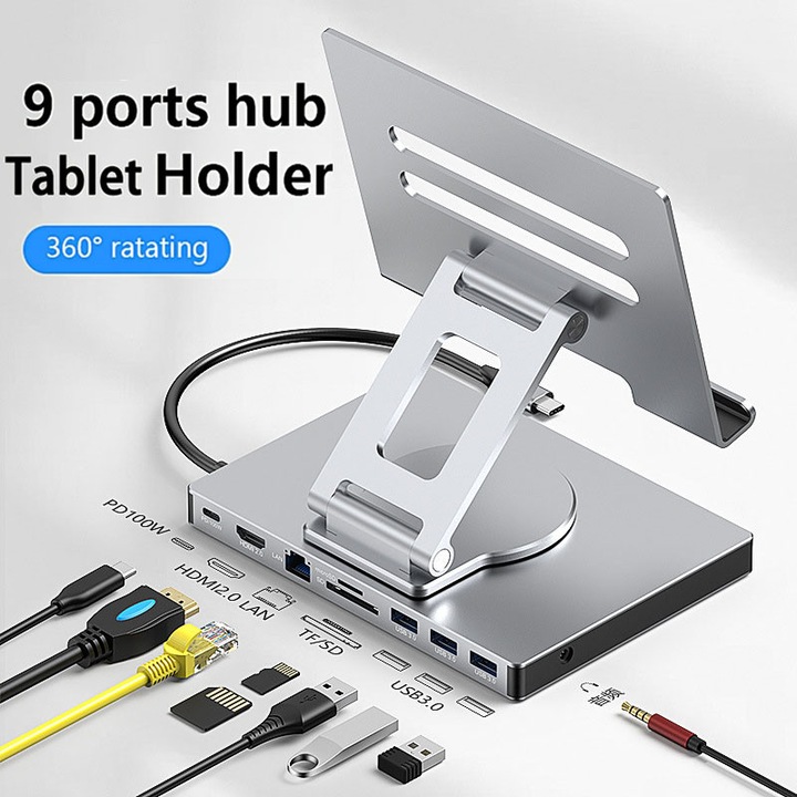 9 в 1 въртяща се стойка с USB-C докинг станция, 4K HDTV и Gigabit Ethernet и USB сплитер, съвместима с таблет, 4K HDMI порт, PD 3.0*1, USB 3.0 X 3, SD/TF, 3.5 мм, WALALLA, сребриста