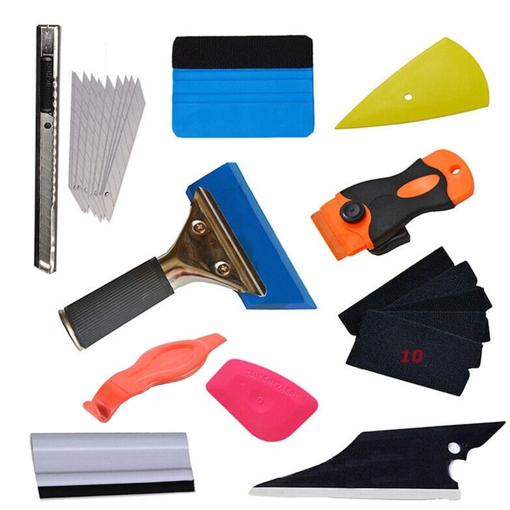 Set 11 accesorii profesionale folie auto, Dimensiuni diferite, Cu racleta, cutter si lame de schimb, Plastic, cauciuc si otel inoxidabil, Multicolor