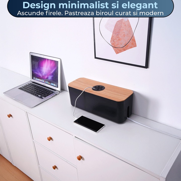 Organizator Cabluri cu Capac, Pentru Birou, Telefon, Laptop sau TV, Rezistent, Orificii Rotunde, Negru