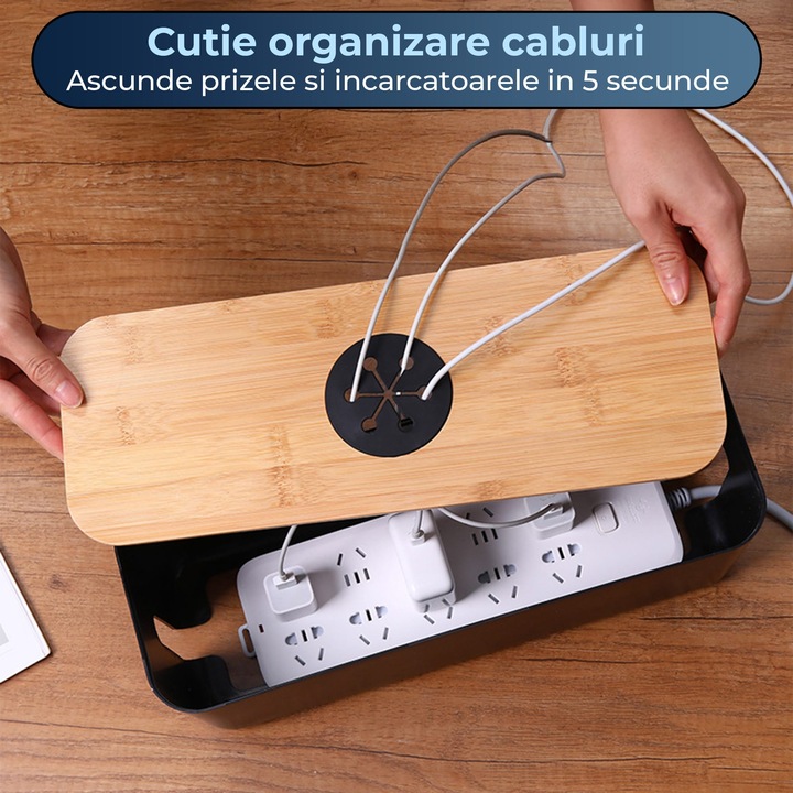 Organizator Cabluri cu Capac, Pentru Birou, Telefon, Laptop sau TV, Rezistent, Orificii Rotunde, Negru