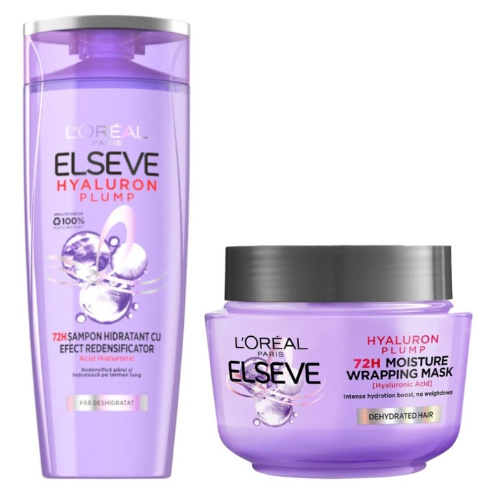 Pachet Sampon 400 ml si Masca 300 ml, L'Oreal Paris Elseve Hyaluron Plump pentru Par Deshidratat