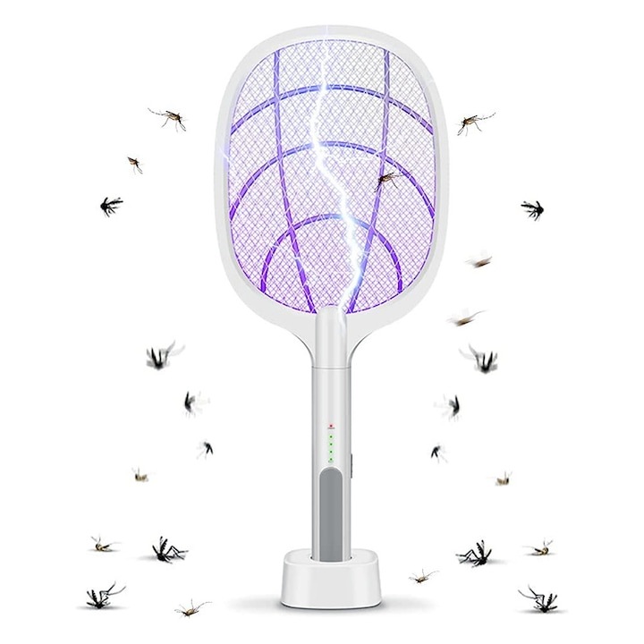 Paleta Electrica Pentru Tantari, Muste Sau Insecte, EMATTERIO®, Reincarcabila, Incarcare USB, Casa si Gradina, Usor De Folosit, Stativ Birou, Insectocutor cu Ultraviolete Alb