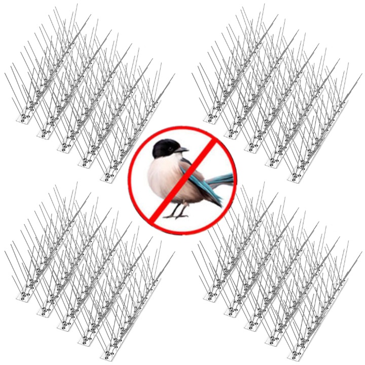 Комплект, шипове от неръждаема стомана против гълъби, против птици, котки, лента 50 см, 60 шипа, 20 бр