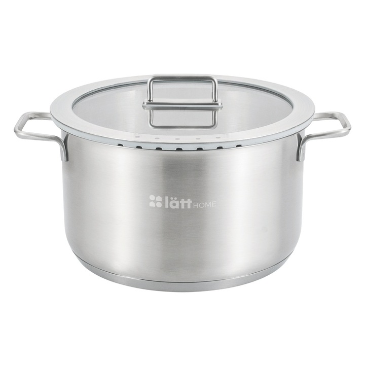 Oala inox cu capac strecurator, Lätt Home, baza 5 straturi Full Induction, interior cratita gradata, 6 L