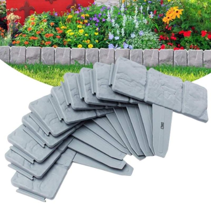 Gard De Gradina Decorativ SIKS Din Plastic, Despartitor De Peluza, Model Piatra, Rezistent La Intemperii, Set 10 Placi, 240 Cm Latime, Inaltime 12 Cm, Prindere Prin Imbinare, Gri