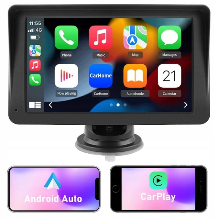 Универсална автомобилна навигация със 7" сензорен екран, Apple CarPlay и Android Auto, Bluetooth, USB, Wi-Fi, стрийминг на мултимедия, съвместима с iOS и Android, лесна инсталация, черна Amazon +3 eMAG +3 eMAG +3