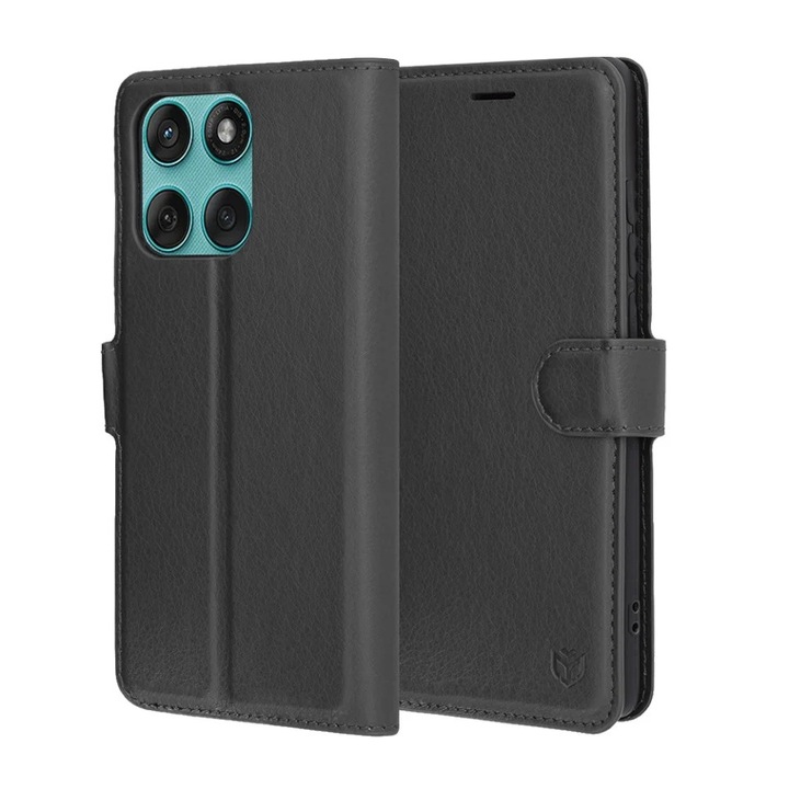 Husa pentru Motorola Edge 60 Fusion, SKYDDAR INNOVATION, Leather Wallet, tip Carte, cu Portofel Interior, Finisaje Premium, Negru, set cu sticker