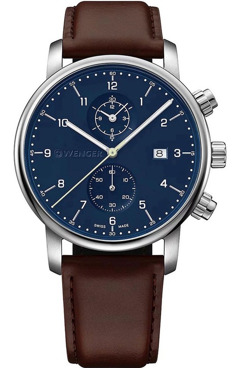 Ceas Wenger Urban Classic Chrono, maro, albastru, curea din piele, rezistent la apa 10 ATM
