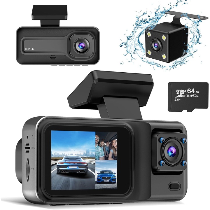 4K autós kamera 3 csatornás, 64GB, éjjellátó, 2.0'' IPS, többszínű