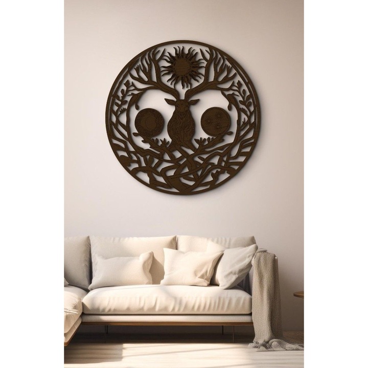 Életfa mitikus szarvassal - 3D Fali Dekoráció, 70 cm átmérő, ébenfa szín