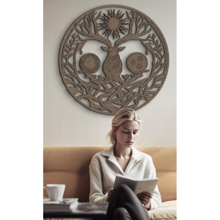 Életfa mitikus szarvassal - 3D Fali Dekoráció, 70 cm átmérő, dió szín