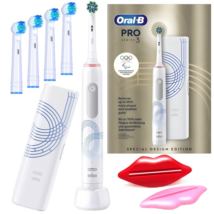 Készlet, Oral-B Pro 3 3000 Olympia Special Edition elektromos fogkefe + utazótok, fehér, 4 db cserefej, fogkrémprés, fogkefetok