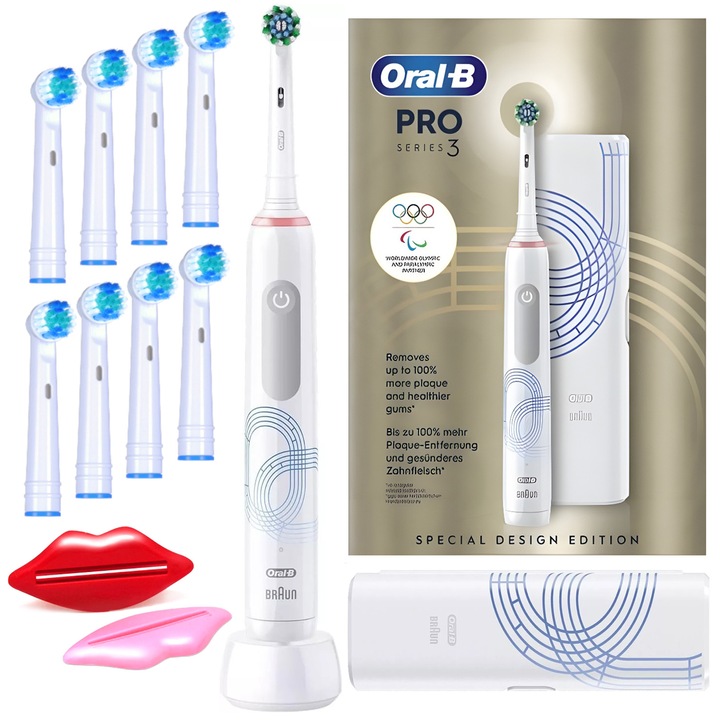 Комплект, Oral B Pro 3 3000 Olympia Special edition електрическа четка за зъби с калъф за пътуване, 8 сменяеми накрайника, инструмент за изстискване на паста за зъби и калъф за четка за зъби