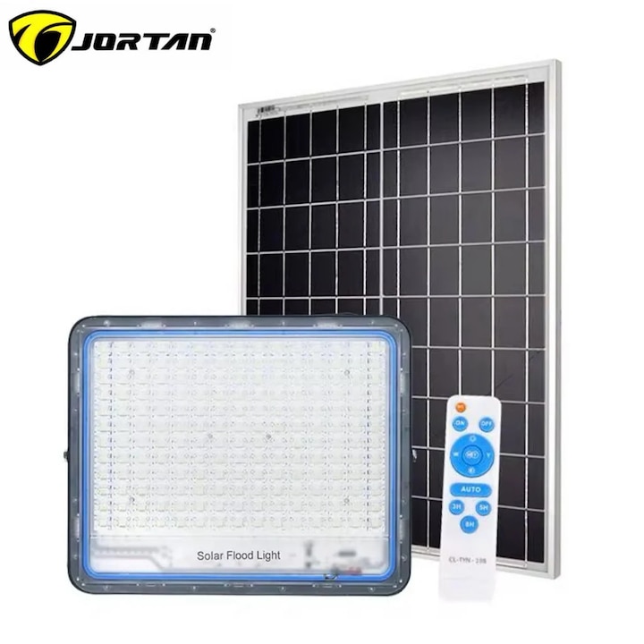 LED прожектор, външен, соларен, 300W, студено бяла светлина 6500K, фотоволтаичен панел, дистанционно управление, IP66, 12H автономност, монтаж на стена/стълб