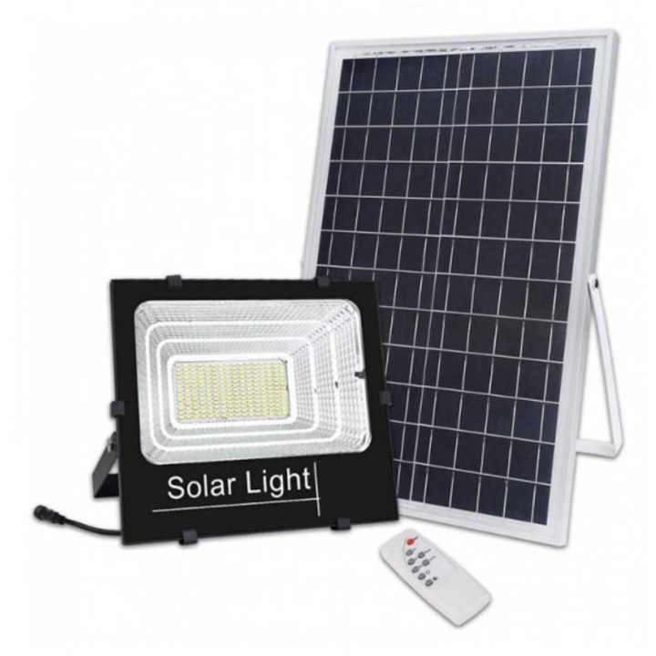 Jortan® EXTRA SIZE 200W LED соларен прожектор с голям соларен панел, 300 SMD светодиода, IP66, дистанционно управление и сензор – Мощно външно осветление без електричество, 12 часа работа, монтаж на стена/стълб