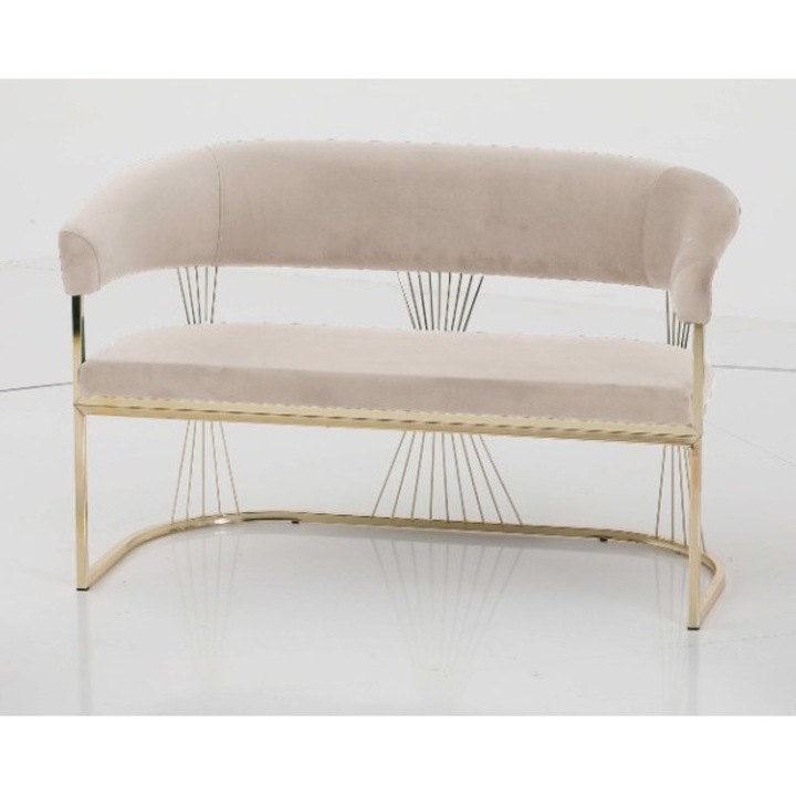 Canapea Golden Master Coffee, Casafun o canapea 2 locuri, stofa catifea, picioare si cadru metal auriu, Crem