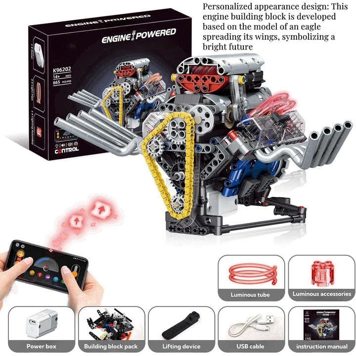 Set de constructie motor V8, 665 de piese, pentru control programabil, compatibil cu Lego, Set motor auto DIY pentru operare cu control programabil, Construieste-ti propriul model de motor STEM, 14+, WALALLA