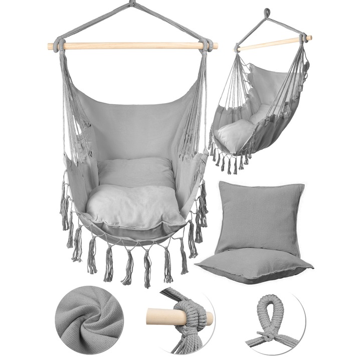 Hamac Suspendat Tip Scaun Brazilian Cu Perne, Maltec, 130x100x91 cm, Material 65% Bumbac Si 35% Poliester, Lemn, Capacitate Maxima 120 kg, 2 Perne, Greutate 2 kg, Lungime Traverse 91 cm, Gri