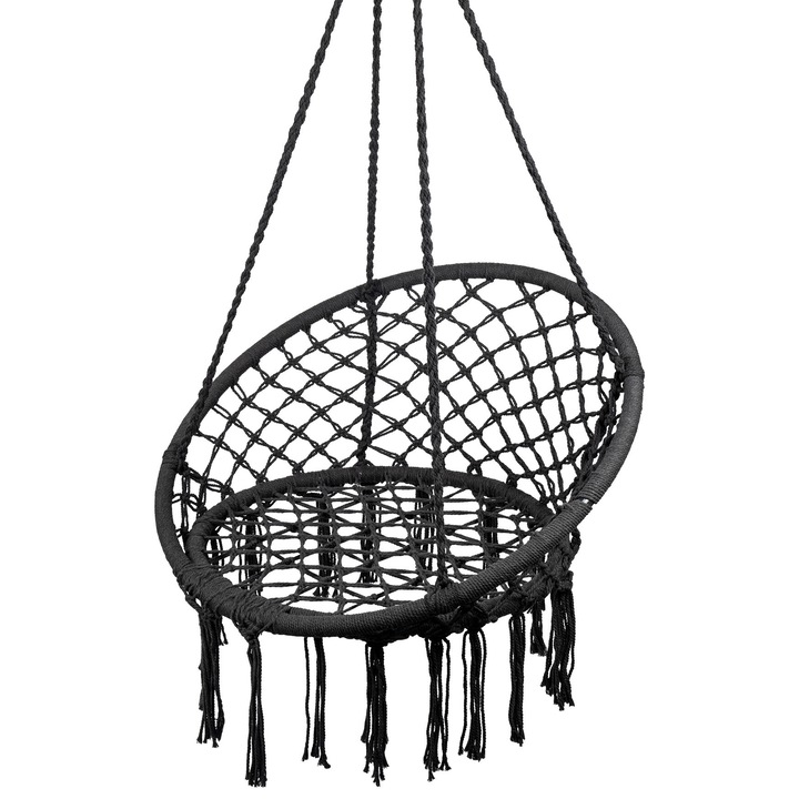Висяща градинска люлка, Maltec, 60x40x80x110x130x100 см, Метален материал, Памук, Максимален капацитет 150 кг, Бохо стил, Тегло 4 кг, Черен