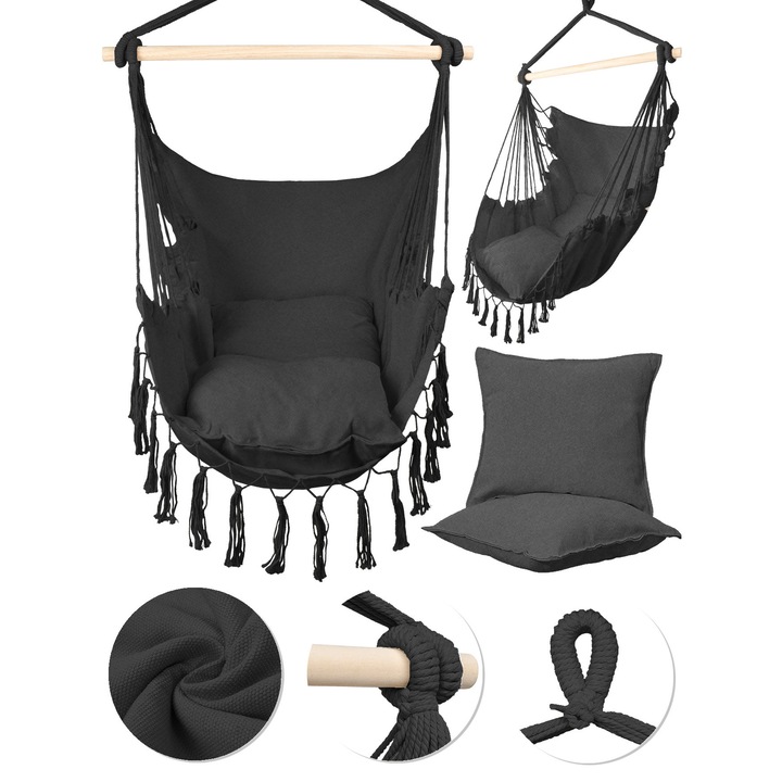 Висящ хамак, бразилски тип, с възглавници, Maltec, 111314, 130x100x91 см, Материал 65% памук и 35% полиестер, Дърво, Максимален капацитет 120 кг, 2 възглавници, Тегло 2 кг, Дължина на напречните греди 91 см, Тъмносив