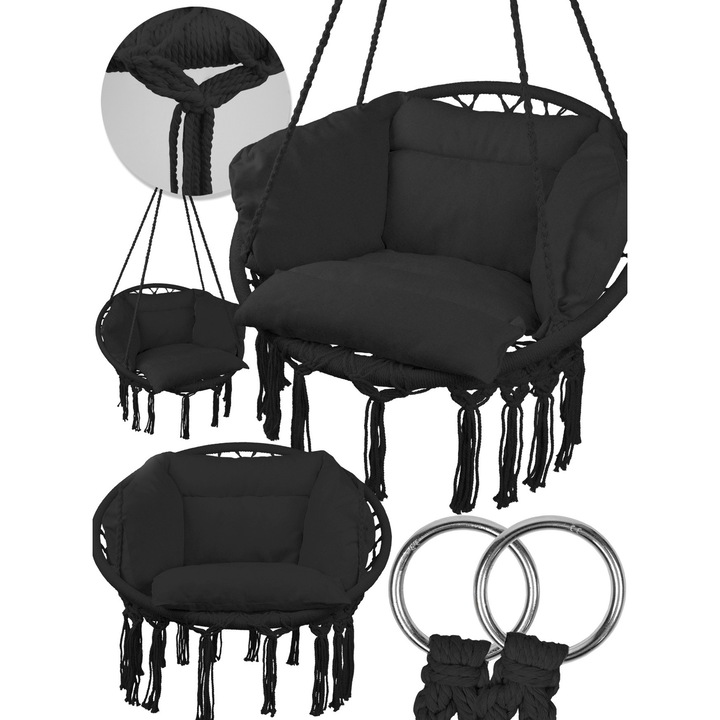 Scaun Suspendat De Gradina Cu Perna, Maltec, 60x80x100 cm, Cadru Metalic, Impletitura Din Bumbac, Capacitate Maxima 150 kg, Perna Confortabila, Negru