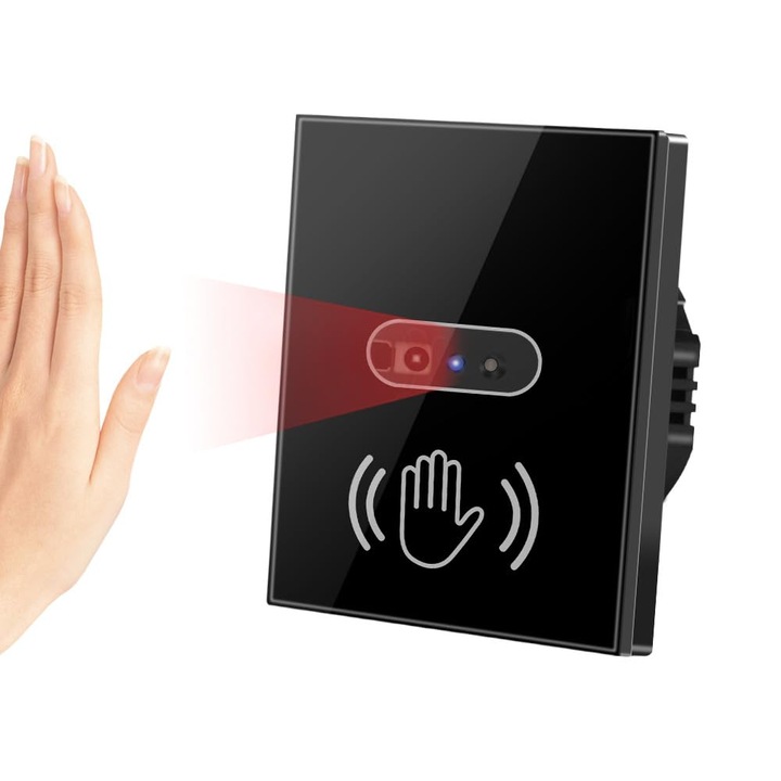 Comutator de lumina de perete Senzor infrarosu IR Nu este nevoie de atingere Senzor de miscare AC100-240V Intrerupator de perete Lampa de pornire electrica oprita, Comutatoare cu infrarosu activate de miscare Necesita cablu neutru, WALALLA, negru