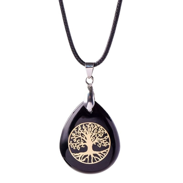 Висулка от естествен кристал, Дърво на живота, гравирана с 24-каратово злато, Обсидиан