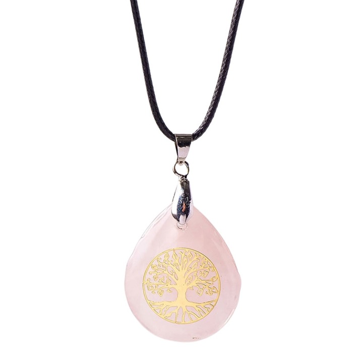 Pandantiv din cristal natural, Pomul vietii, gravat cu aur de 24k, Cuart Roz