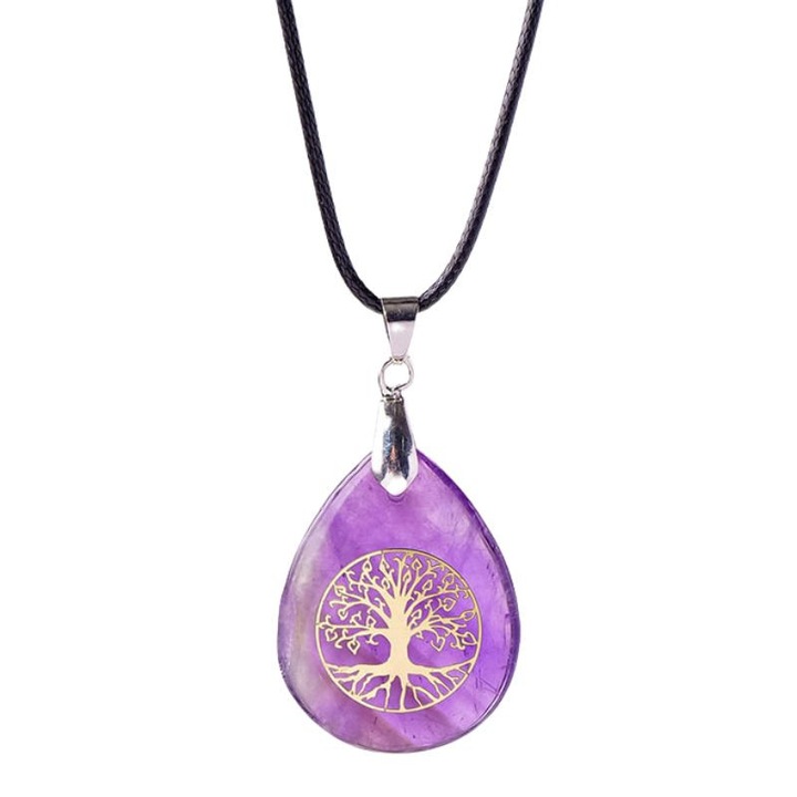 Pandantiv din cristal natural, Pomul vietii, gravat cu aur de 24k, Ametist