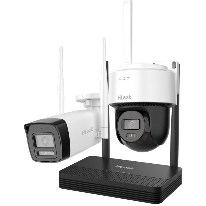 Kit supraveghere IP Wireless Hikvision HiLook IKS-2042BPH-PH/W, 2x camere de 2MP, IR, slot microSD, NVR 4 canale, audio