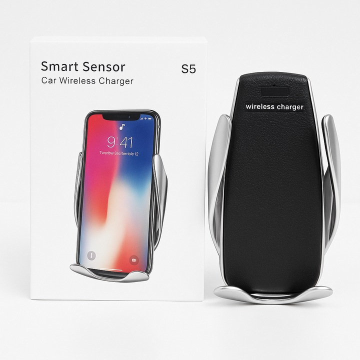 Suport telefon cu incarcare fara fir, Suportul se monteaza pe gurile de aerisire ale masinii, Suporta majoritatea telefoanelor, Prindere automata prin inductie, Negru