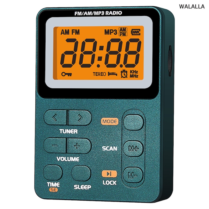 Radio portabil FM/AM/MP3 digital cu casti WALALLA, multifunctional, interfata TYPE-C, baterie reincarcabila 600mAh, esential pentru sporturi in aer liber, timp liber si divertisment, verde