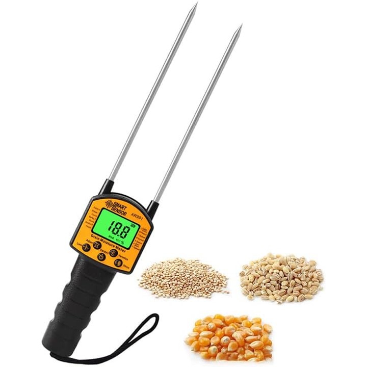 Contor de umiditate cu senzor inteligent, cu ac de otel, dispozitiv profesional pentru detectarea nivelului de umiditate al cerealelor, baloturilor, semintelor, alunelor, orezului, cafelei, peletilor, brichetelor, rumegusului, WALALLA, galben