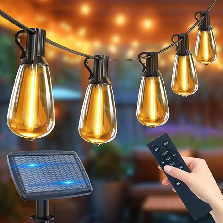 36 м LED гирлянд със соларен панел, USB, с дистанционно управление, 50 + 3 крушки ST38, 5 режима и 4 степени на яркост, водоустойчив, външни соларни лампи за тераса и градина